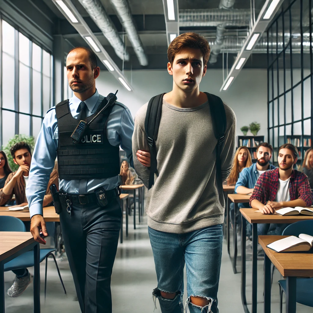 Campus security officer escorting a concerned student out of a university classroom, while other students look on with a mix of surprise and concern. The classroom features desks, books, and large windows letting in natural light, emphasizing the modern academic environment.