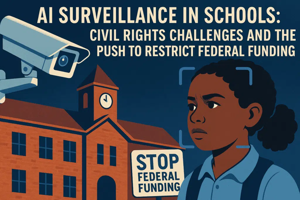 Illustration of AI surveillance in schools, depicting security cameras and digital tracking with an overlay of civil rights symbols, highlighting concerns over student privacy and federal funding restrictions.