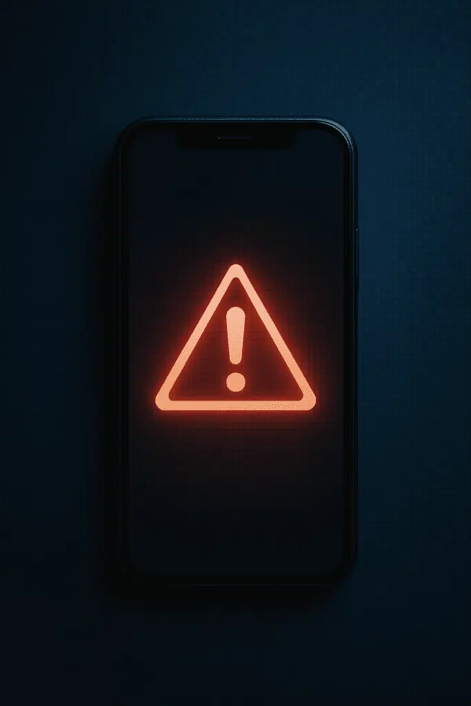 Stylized smartphone displaying a red warning symbol, symbolizing the dangers of AI-generated deepfakes and digital harassment among students.
