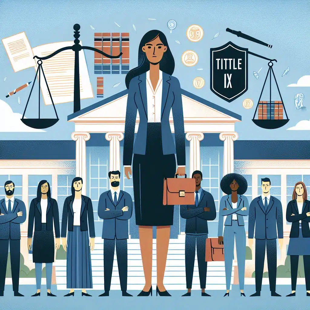 Scales of justice balanced over a university campus, symbolizing fairness and legal rights in Title IX investigations.