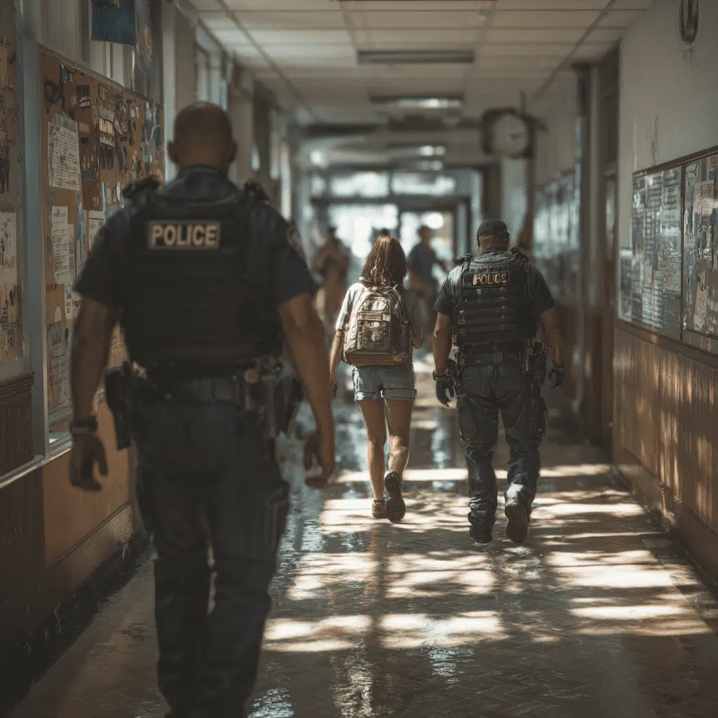Police officers escorting a student down a school hallway after a threat investigation in New Jersey