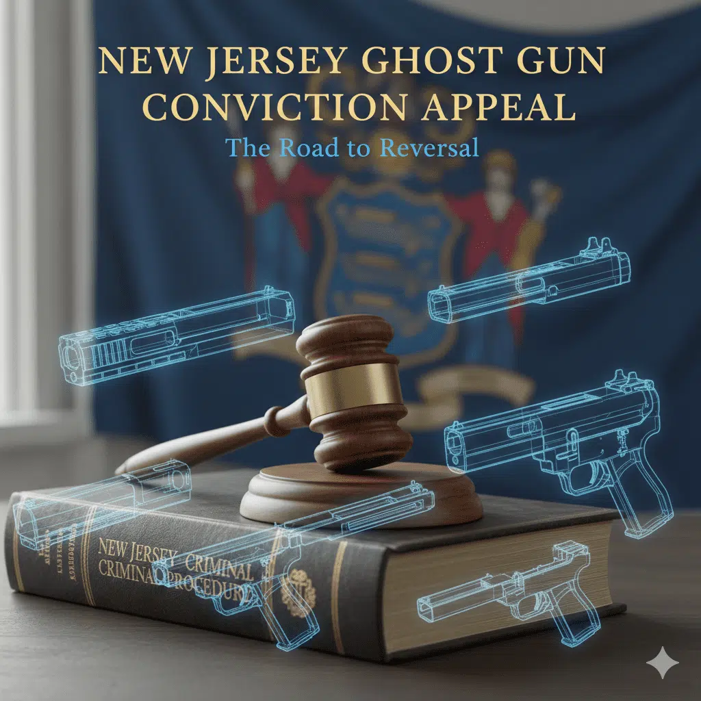 Judge’s gavel on a law book with blueprint outlines of ghost guns in front of the New Jersey state flag, symbolizing a ghost gun conviction appeal