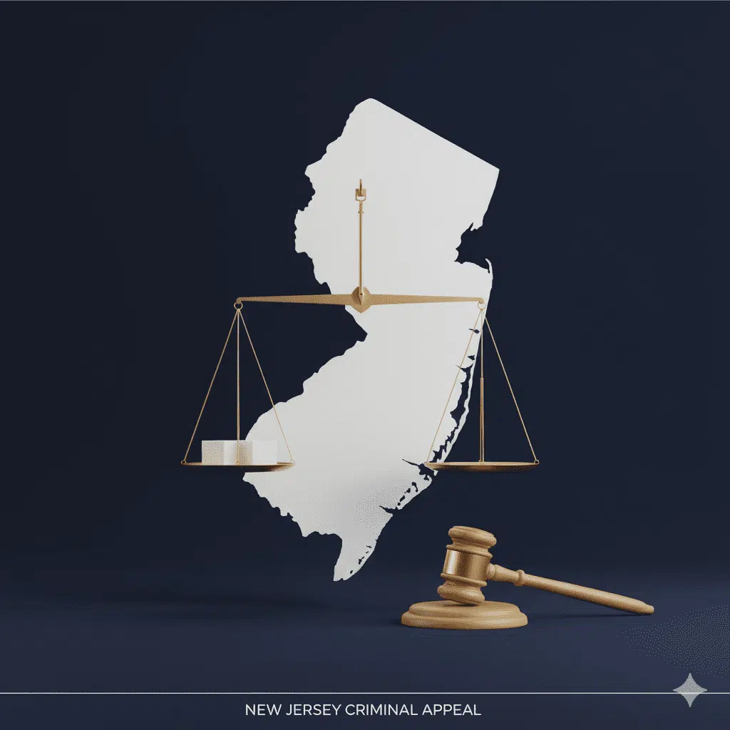 Scales of justice and gavel in front of New Jersey outline symbolizing a criminal appeal case about kidnapping, drug charges, and cell phone passcode rights